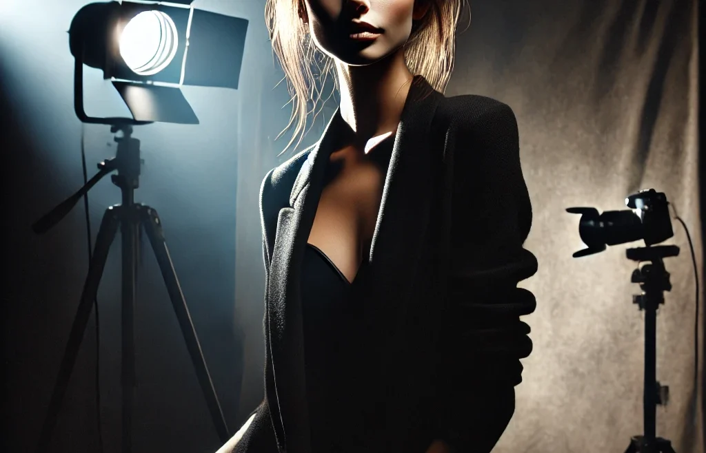 A dramatic model photography setup featuring a professional model illuminated by moody, high-contrast lighting. The scene includes a dark background with confident model.