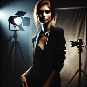 A dramatic model photography setup featuring a professional model illuminated by moody, high-contrast lighting. The scene includes a dark background with confident model.