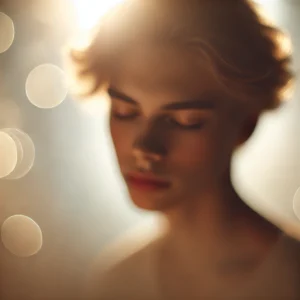 A dreamy, soft-focus portrait of a person bathed in natural light. The subject has a gentle, ethereal glow with a blurred background, creating a warm.