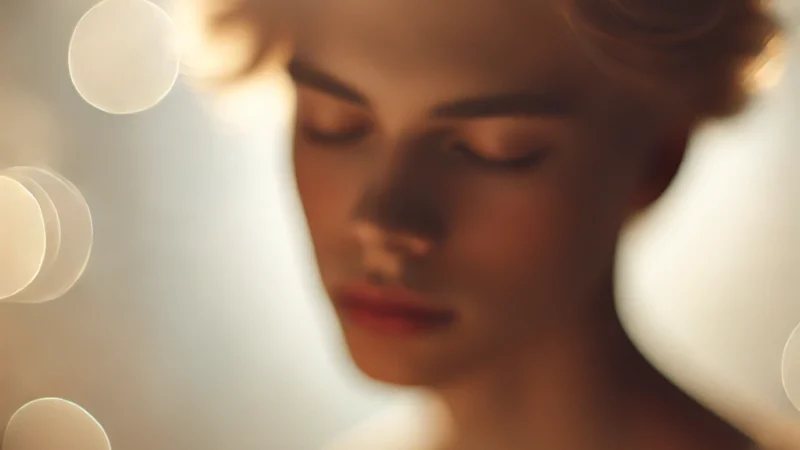 A dreamy, soft-focus portrait of a person bathed in natural light. The subject has a gentle, ethereal glow with a blurred background, creating a warm.