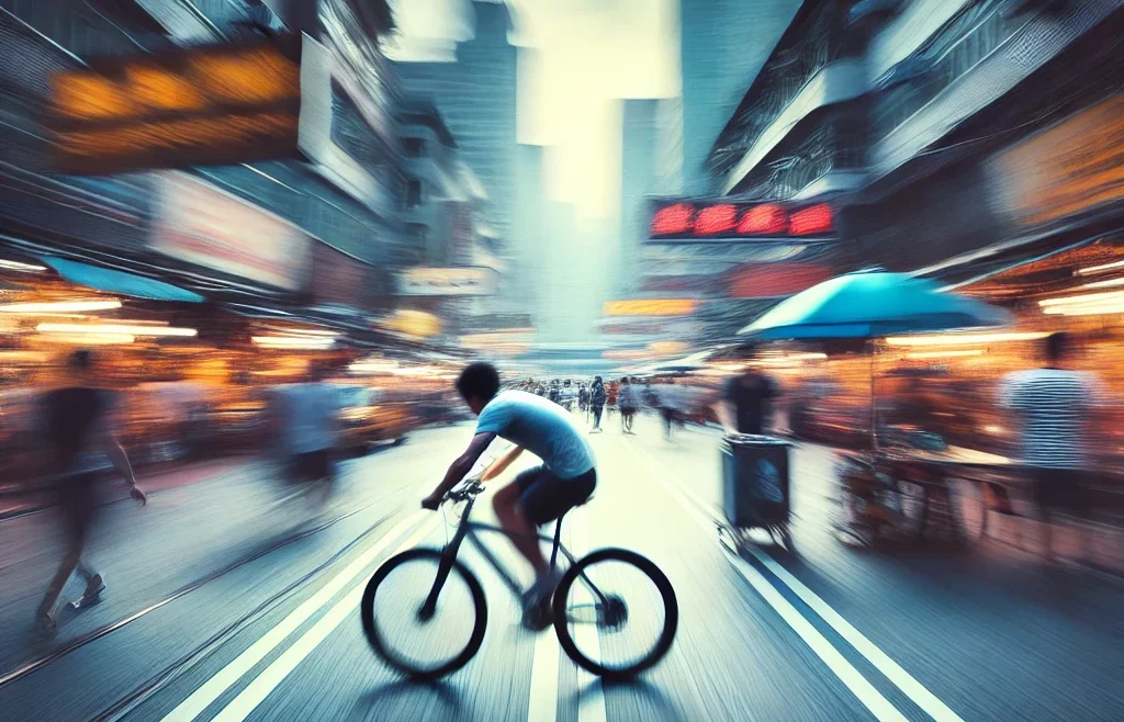 A dynamic street and travel photography scene capturing motion. The image features a blurred background with a sharply focused subject, such as a cyclist.