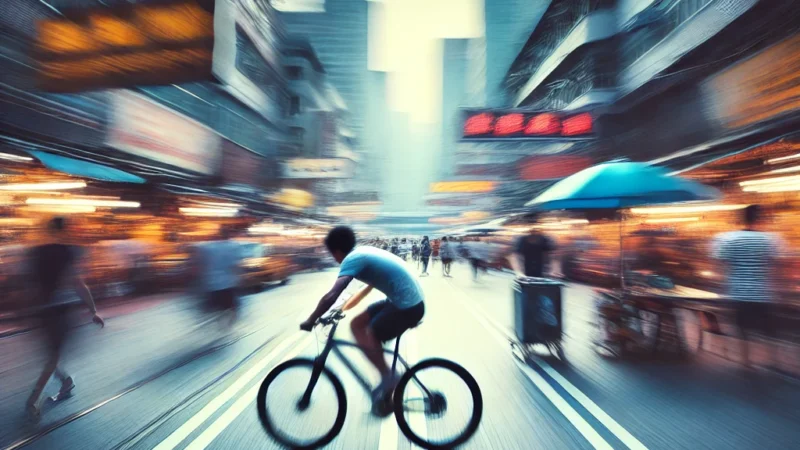 A dynamic street and travel photography scene capturing motion. The image features a blurred background with a sharply focused subject, such as a cyclist.