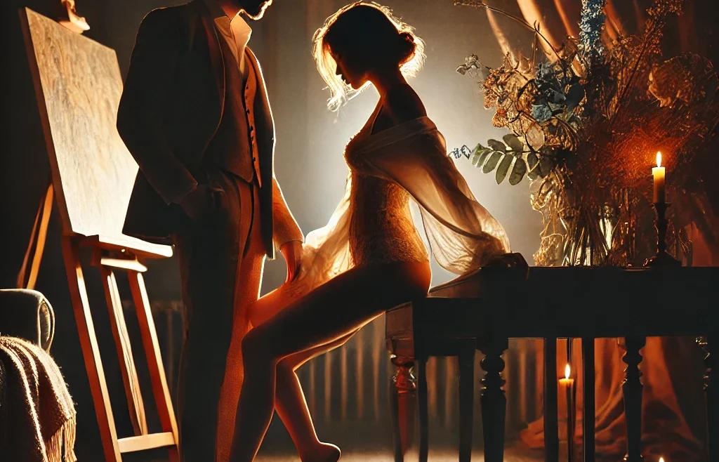 A fine art intimate photography scene that elegantly balances both feminine and masculine energy. The image should feature a warm and emotive atmosphere.