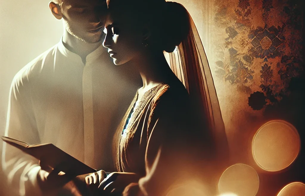 A fine art intimate photography scene with soft, warm lighting, showcasing an elegant and emotional moment between a couple.