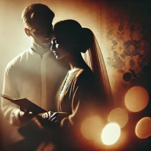 A fine art intimate photography scene with soft, warm lighting, showcasing an elegant and emotional moment between a couple.