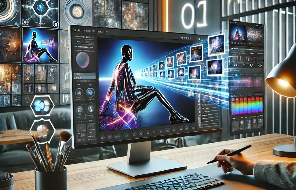 A futuristic and professional workspace featuring a high-tech computer screen displaying AI-powered photography editing software.