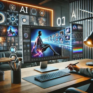 A futuristic and professional workspace featuring a high-tech computer screen displaying AI-powered photography editing software.