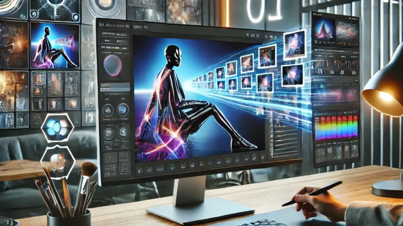 A futuristic and professional workspace featuring a high-tech computer screen displaying AI-powered photography editing software.