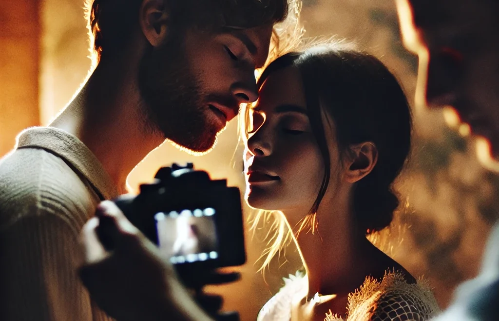 A heartfelt and intimate moment captured in photography, showing a couple in a soft, warm-lit environment. The photographer subtly blends storytelling.