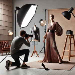 A high-end fashion portfolio photography setup featuring a professional model posing in a well-lit studio. The model is dressed in stylish couture.