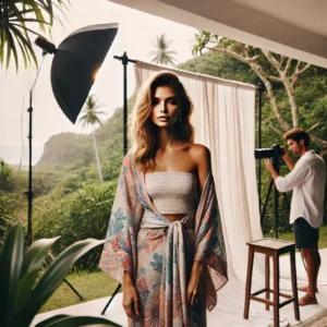 A high-fashion editorial photoshoot featuring a model wearing a beautifully styled sarong. The model poses elegantly with soft lighting and a tropical floral sarong.
