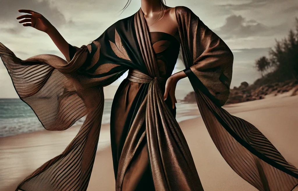 A high-fashion editorial photoshoot featuring a model wearing a stylishly draped sarong. The model poses confidently in a dramatic, fashion-forward.