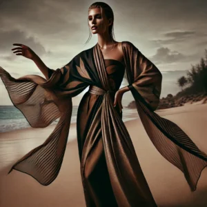 A high-fashion editorial photoshoot featuring a model wearing a stylishly draped sarong. The model poses confidently in a dramatic, fashion-forward.
