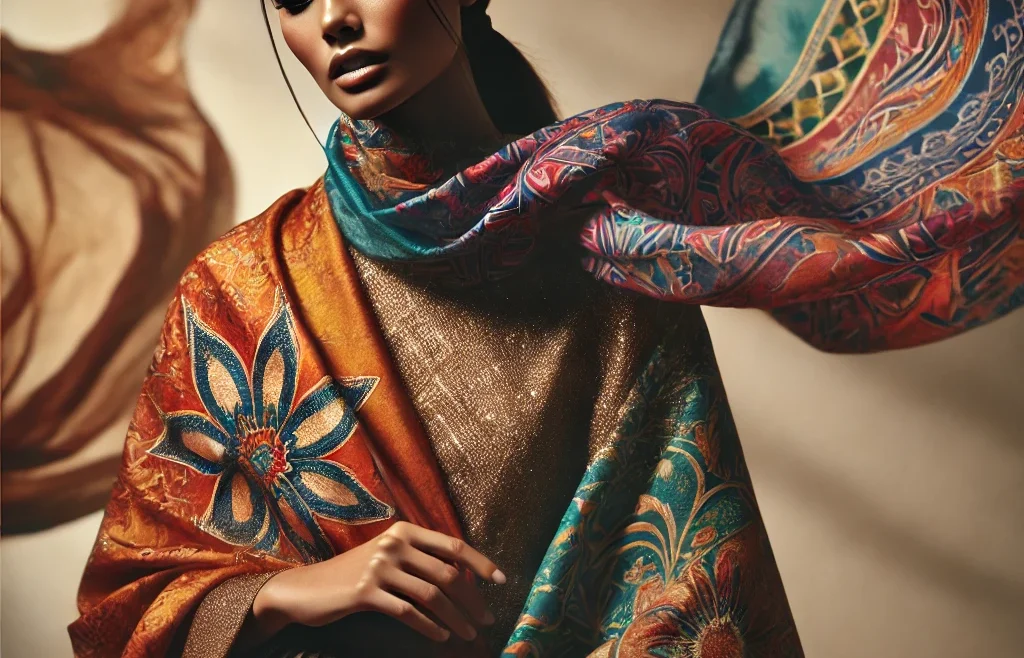 A high-fashion editorial photoshoot featuring a model wearing a vibrant sarong, elegantly draped to showcase its fabric and color.