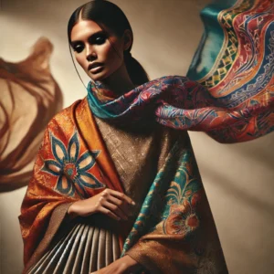 A high-fashion editorial photoshoot featuring a model wearing a vibrant sarong, elegantly draped to showcase its fabric and color.