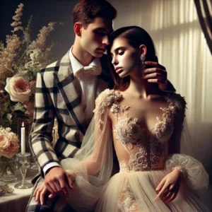 A high-fashion intimate photoshoot scene featuring an elegant couple in a luxurious setting with soft, dramatic lighting.