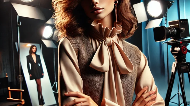 A high-fashion model confidently posing in a professional photoshoot setting, with dramatic lighting and a stylish backdrop.