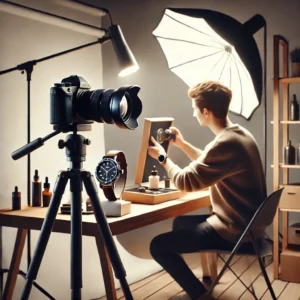 A high-quality digital illustration of a home studio setup for professional product photography. The image features a well-lit desk with a DSLR camera.