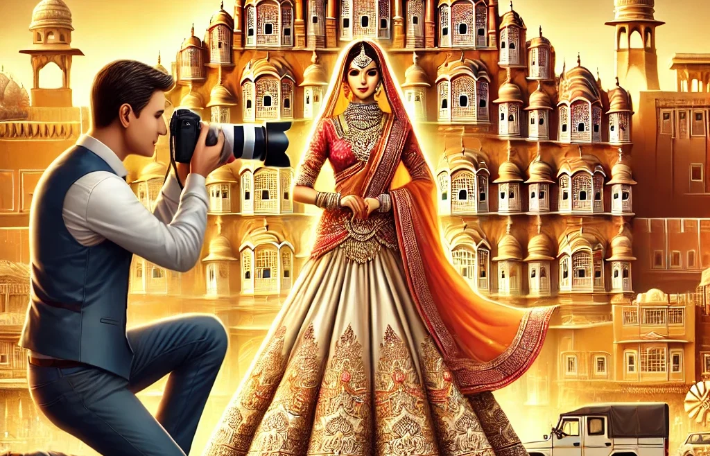 A high-quality digital illustration of a professional candid photographer in Jaipur capturing the royal charm of the city. The scene features a photographer and model infront of Hawamahal.