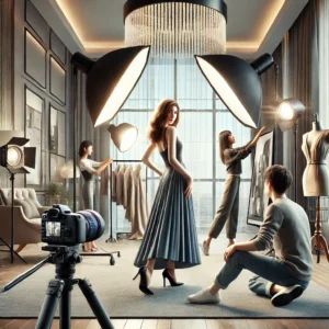 A high-quality digital illustration of a professional editorial photography setup. The scene includes a photographer holding a DSLR camera, a model pose.
