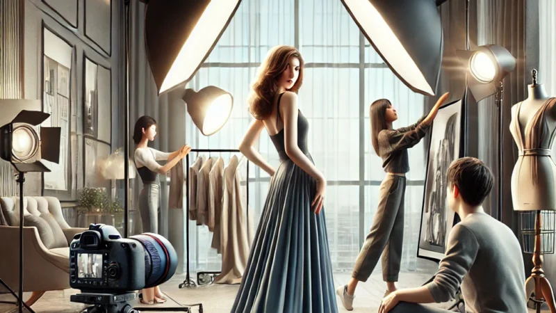 A high-quality digital illustration of a professional editorial photography setup. The scene includes a photographer holding a DSLR camera, a model pose.