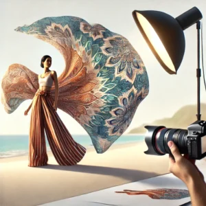 A high-quality digital illustration of a professional fashion photoshoot featuring a model wearing a stylish sarong. The setting is a tropical beach.