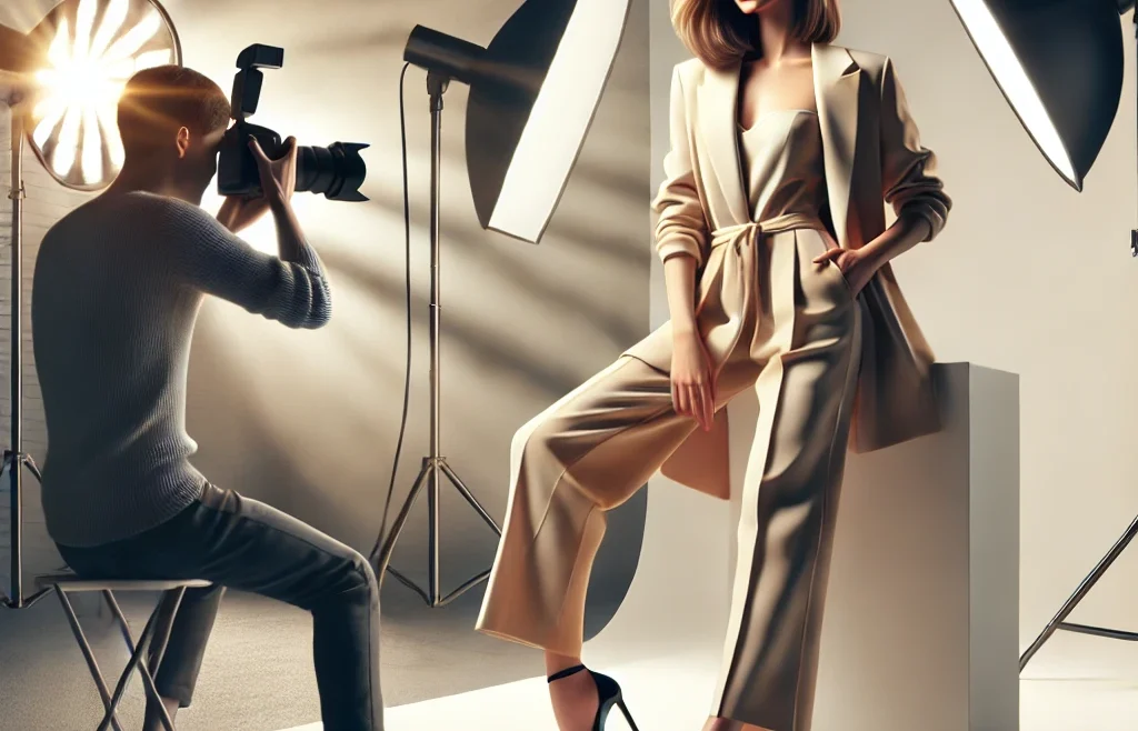 A high-quality digital illustration of a professional model posing for a photoshoot. The setting is a well-lit studio with a photographer capturing stunning model for portfolio.