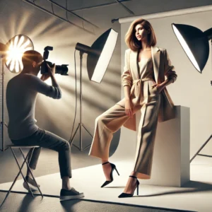 A high-quality digital illustration of a professional model posing for a photoshoot. The setting is a well-lit studio with a photographer capturing stunning model for portfolio.