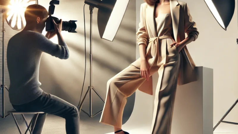 A high-quality digital illustration of a professional model posing for a photoshoot. The setting is a well-lit studio with a photographer capturing stunning model for portfolio.