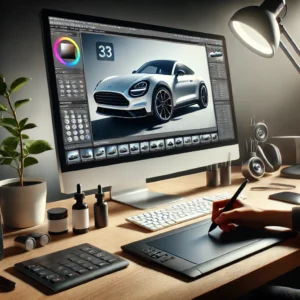 A high-quality digital illustration of a professional photo editor working on product images using advanced editing software.