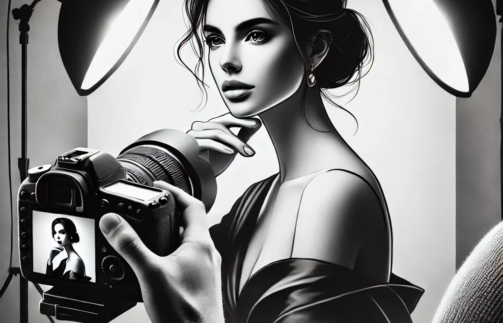 A high-quality digital illustration of a professional photographer capturing a black & white portrait of a model in a studio setting.