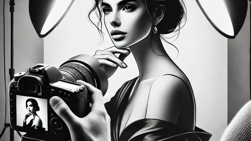 A high-quality digital illustration of a professional photographer capturing a black & white portrait of a model in a studio setting.