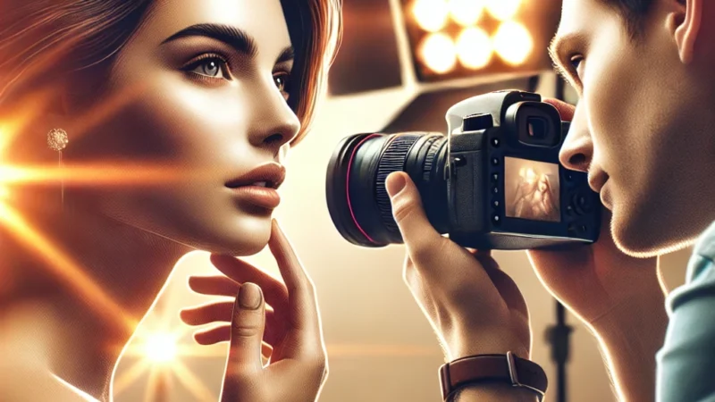 A high-quality digital illustration of a professional photographer capturing a close-up portrait of a model with expressive facial emotions.