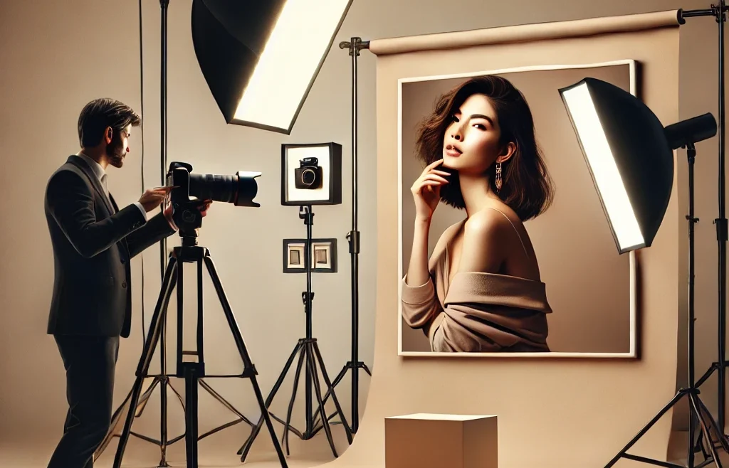 A high-quality digital illustration of a professional photographer capturing a portrait in a well-lit studio.