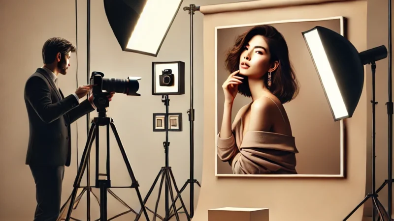 A high-quality digital illustration of a professional photographer capturing a portrait in a well-lit studio.