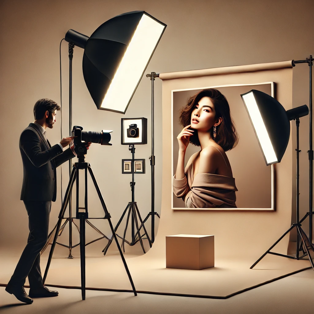 A high-quality digital illustration of a professional photographer capturing a portrait in a well-lit studio.