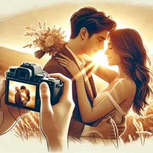 A high-quality digital illustration of a professional photographer capturing an intimate couple photoshoot in a romantic outdoor setting.