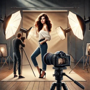 A high-quality digital illustration of a professional portrait photography setup. The image features a well-lit indoor studio with softbox lights.