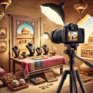 A high-quality digital illustration of a professional product photography setup in Jaipur. The scene features a well-lit indoor studio with traditional setup.