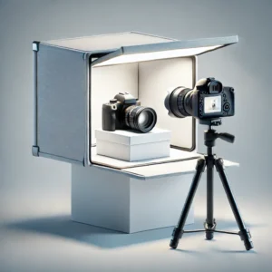 A high-quality digital illustration of a professional product photography setup using a lightbox. The image features a well-lit lightbox with a camera.