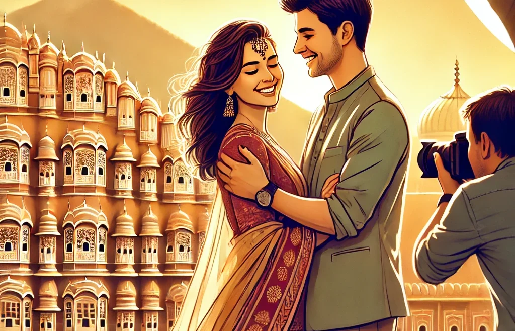 A high-quality digital illustration of a romantic couple having a candid photoshoot in Jaipur. The backdrop features Jaipur’s iconic architectural landscape.