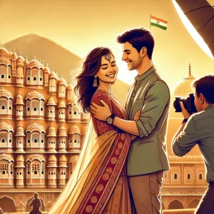 A high-quality digital illustration of a romantic couple having a candid photoshoot in Jaipur. The backdrop features Jaipur’s iconic architectural landscape.