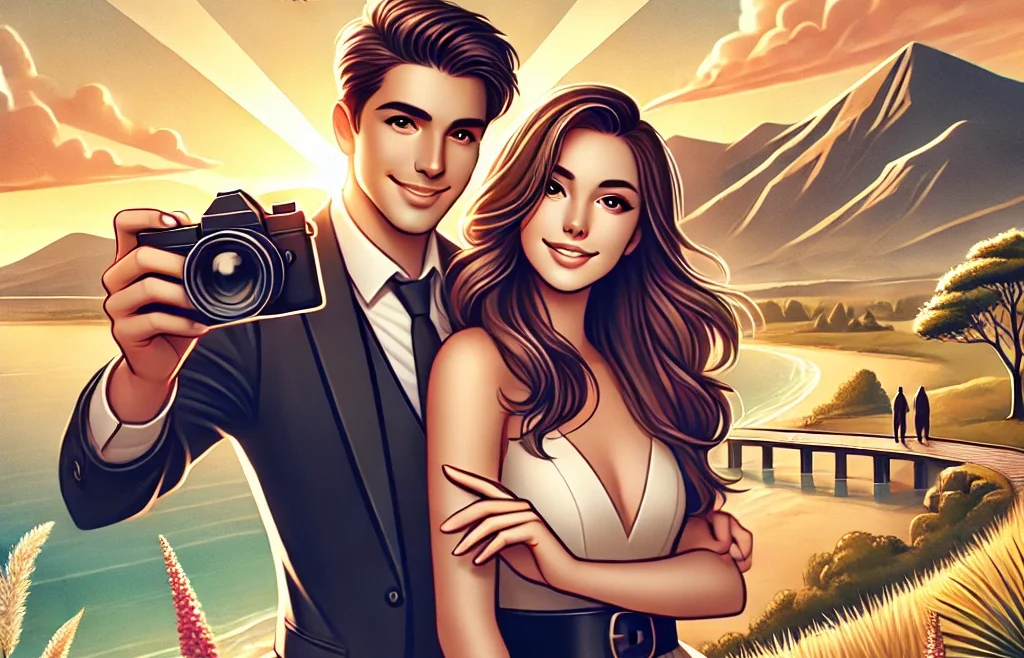 A high-quality digital illustration of a romantic couple having a photoshoot in a stunning outdoor location. The background features a picturesque landscape.