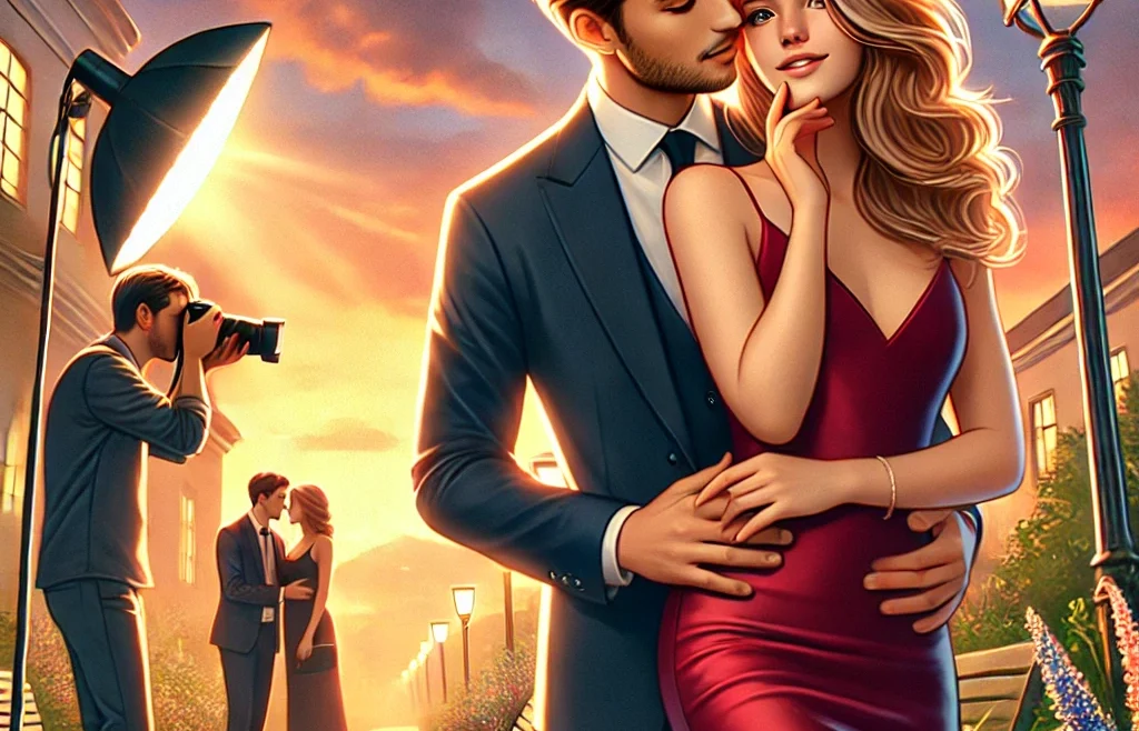 A high-quality digital illustration of a romantic couple posing for a photoshoot. The couple is elegantly dressed, sharing an intimate moment in a beach.