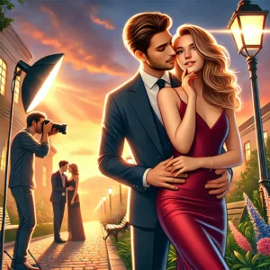 A high-quality digital illustration of a romantic couple posing for a photoshoot. The couple is elegantly dressed, sharing an intimate moment in a beach.