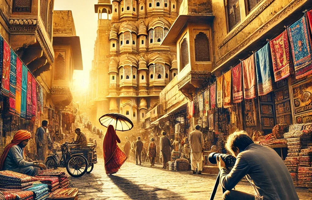 A high-quality digital illustration of a street photography scene in Jaipur, India. The image captures a vibrant street with traditional Rajasthani art.