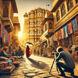 A high-quality digital illustration of a street photography scene in Jaipur, India. The image captures a vibrant street with traditional Rajasthani art.