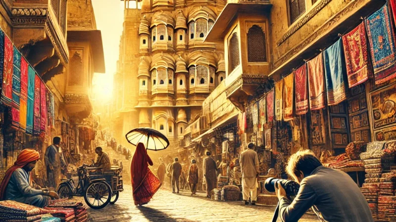 A high-quality digital illustration of a street photography scene in Jaipur, India. The image captures a vibrant street with traditional Rajasthani art.
