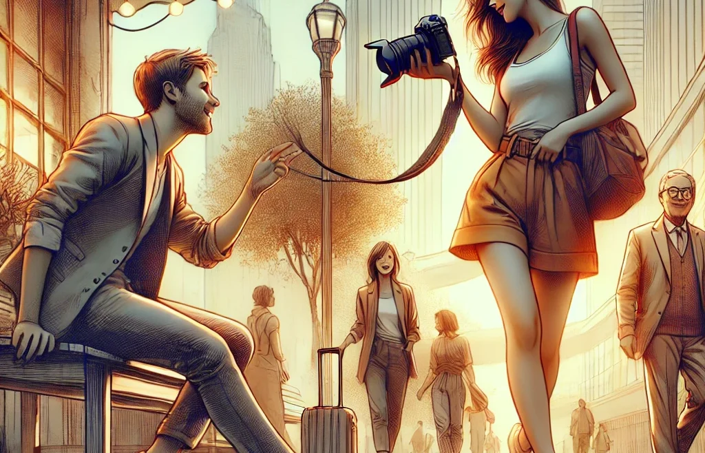 A high-quality digital illustration representing candid photography. The image features a photographer in an urban setting capturing natural, unposed.