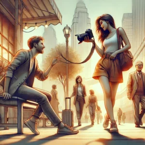 A high-quality digital illustration representing candid photography. The image features a photographer in an urban setting capturing natural, unposed.